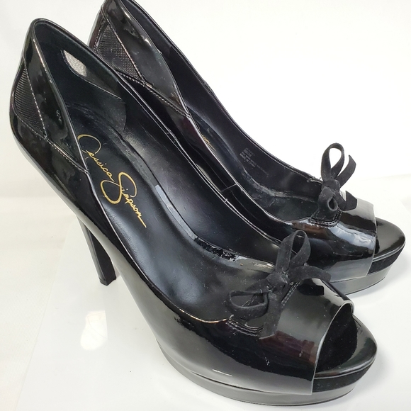 Jessica Simpson Size 8B Black Patent Leather Shoes peep toe bow - Picture 2 of 12